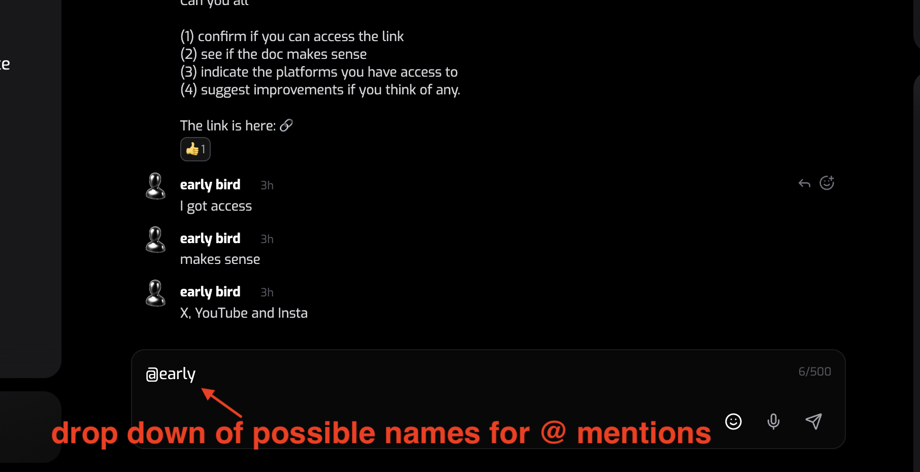 Chat @ mentions should show drop down of possible names