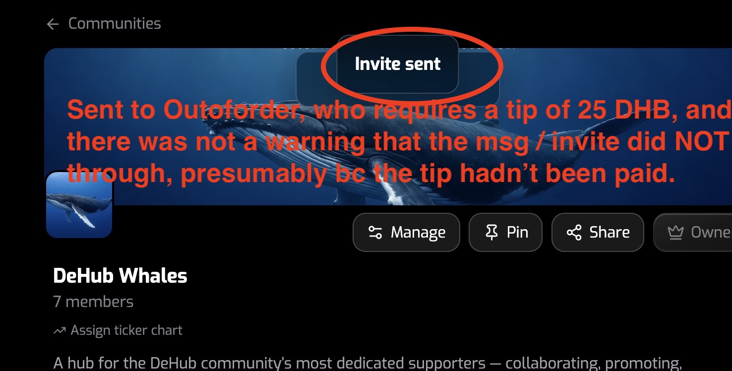 sending invite from Whale group does not go through if tip is required and no warning