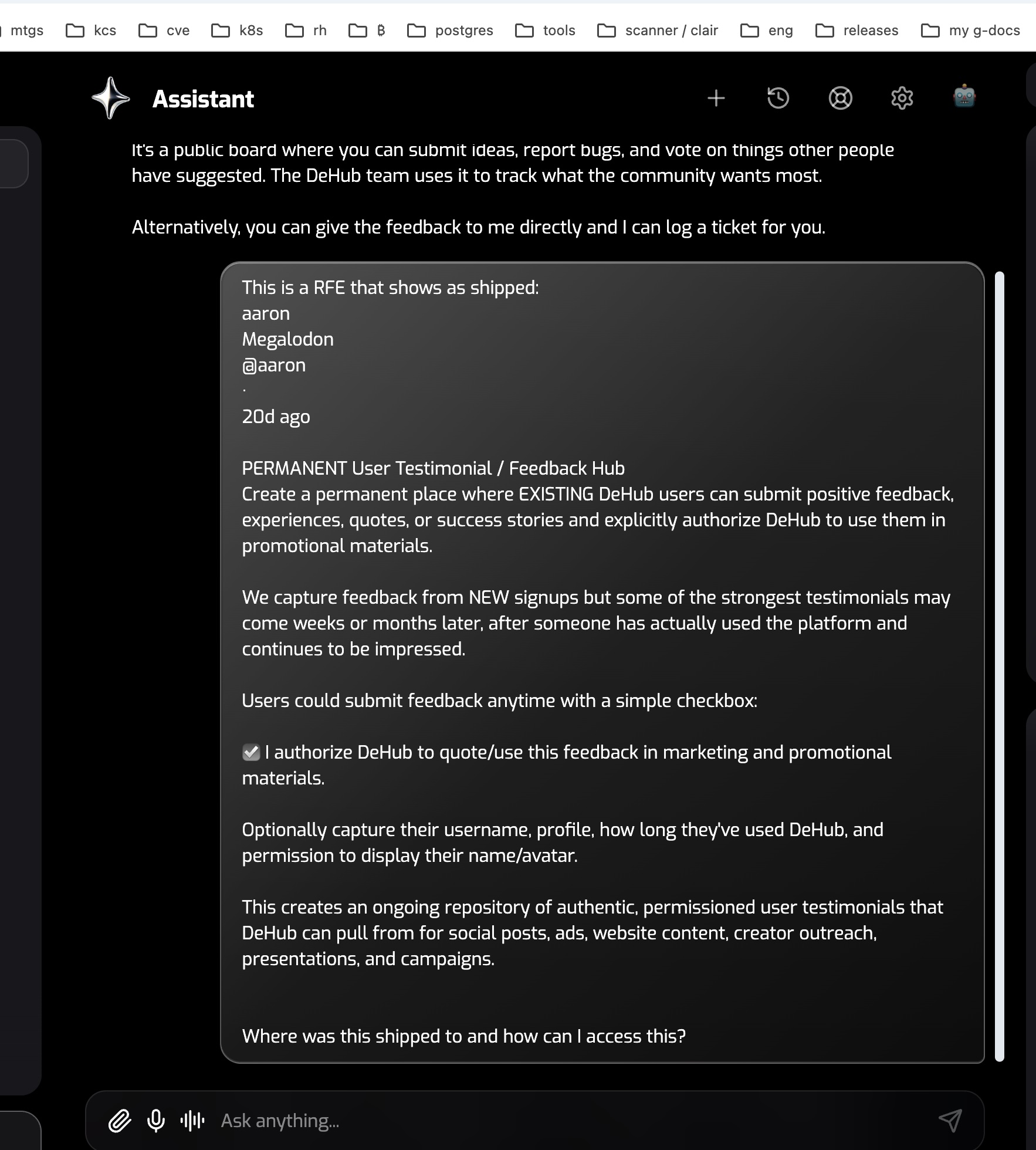 assistant should have awareness of shipped bugs / rfes