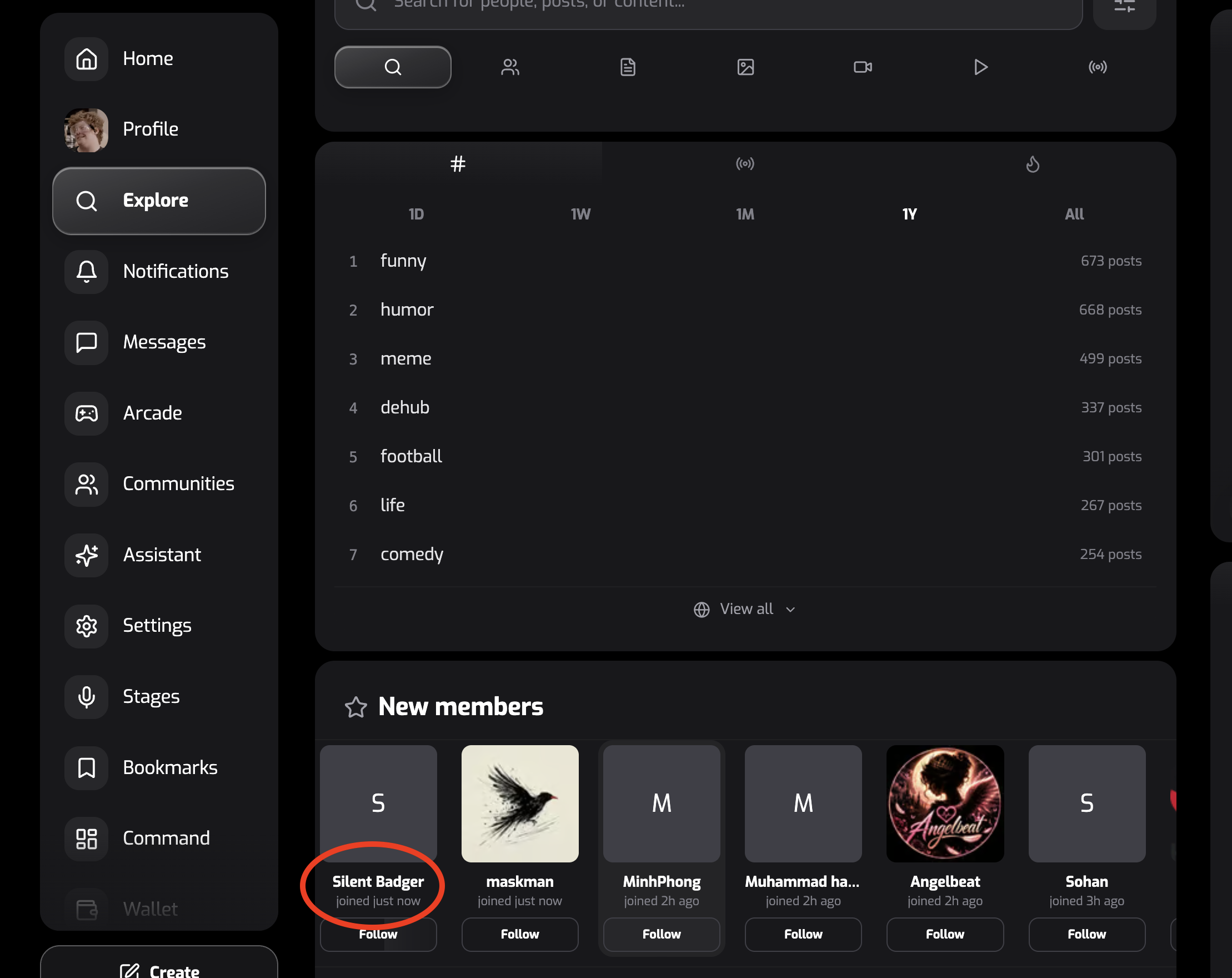 new member name appears different on "explore" tab